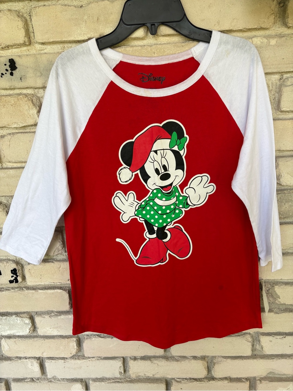 Disney Red & White Minnie Mouse Raglan sleeve Christmas Tee